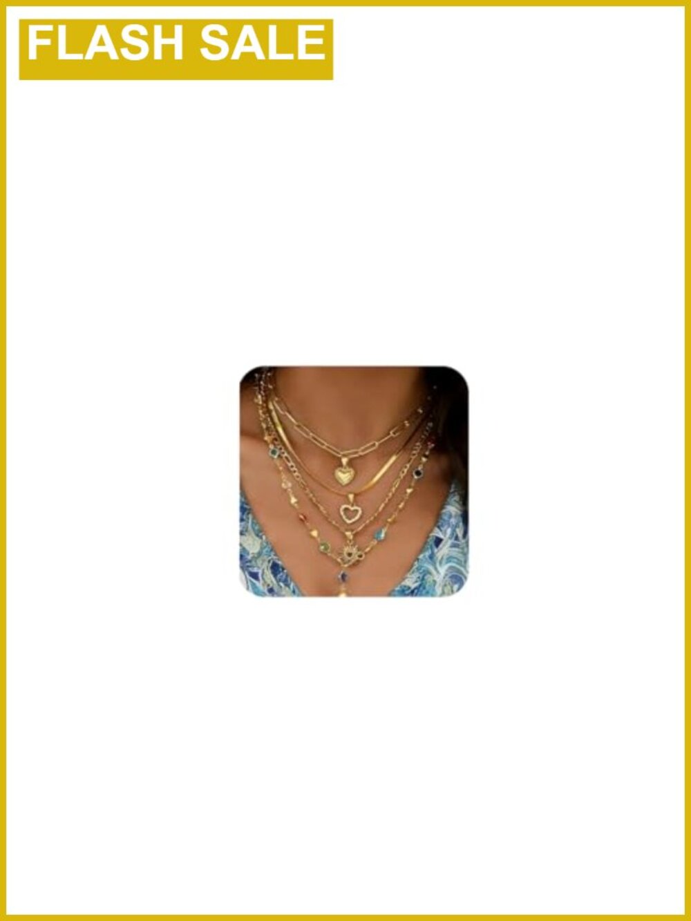Gold Layered Necklace Set for Women, Multicolor Stone Heart Pendant, 4 PC